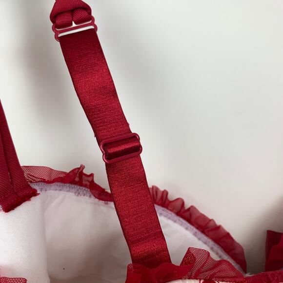 Cacique Polka Dot Bra 40F, white red, lace + bow 40DDD - Picture 6 of 11